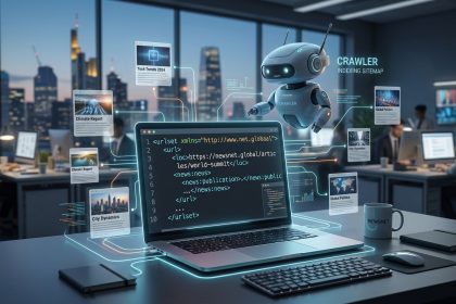 A futuristic office with a laptop displaying code, surrounded by floating digital windows. A small robot labeled "Crawler" hovers nearby. People work at computers in the background, with a city skyline visible outside the large windows.