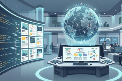 A futuristic office with multiple screens displaying code and data visualizations. A digital globe with icons hovers above a central console. People work at desks in the background.