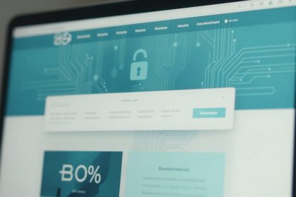 A computer screen displays a teal webpage with a padlock icon, circuit patterns, and navigation tabs. A pop-up window and a "B%" graphic are visible.