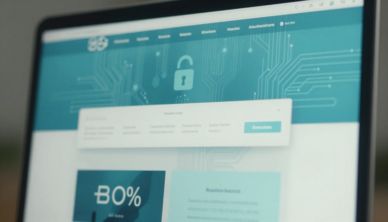 A computer screen displays a teal webpage with a padlock icon, circuit patterns, and navigation tabs. A pop-up window and a "B%" graphic are visible.