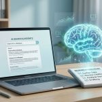A laptop on a desk displays "AI Search & Insights" with search results. A glowing digital brain and data graphs hover above. A notebook titled "Research Checklist" and a mug labeled "Coffee & AI" are nearby. The setting is a modern office with soft lighting.
