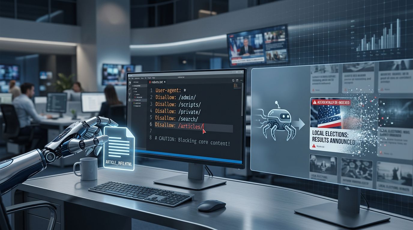 A robotic hand interacts with a computer displaying a code editor with "robots.txt" file open, showing disallowed paths. A holographic document labeled "ARTICLE_INFO.HTML" is visible. To the right, a screen shows a warning about accidental de-indexing of local election results. The setting is a modern office with people working at computers in the background.