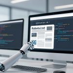 A robotic hand points at a computer screen displaying code and a document labeled "Robots.txt" in an office setting.
