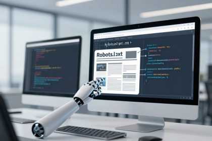 A robotic hand points at a computer screen displaying code and a document labeled "Robots.txt" in an office setting.