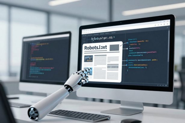 A robotic hand points at a computer screen displaying code and a document labeled "Robots.txt" in an office setting.