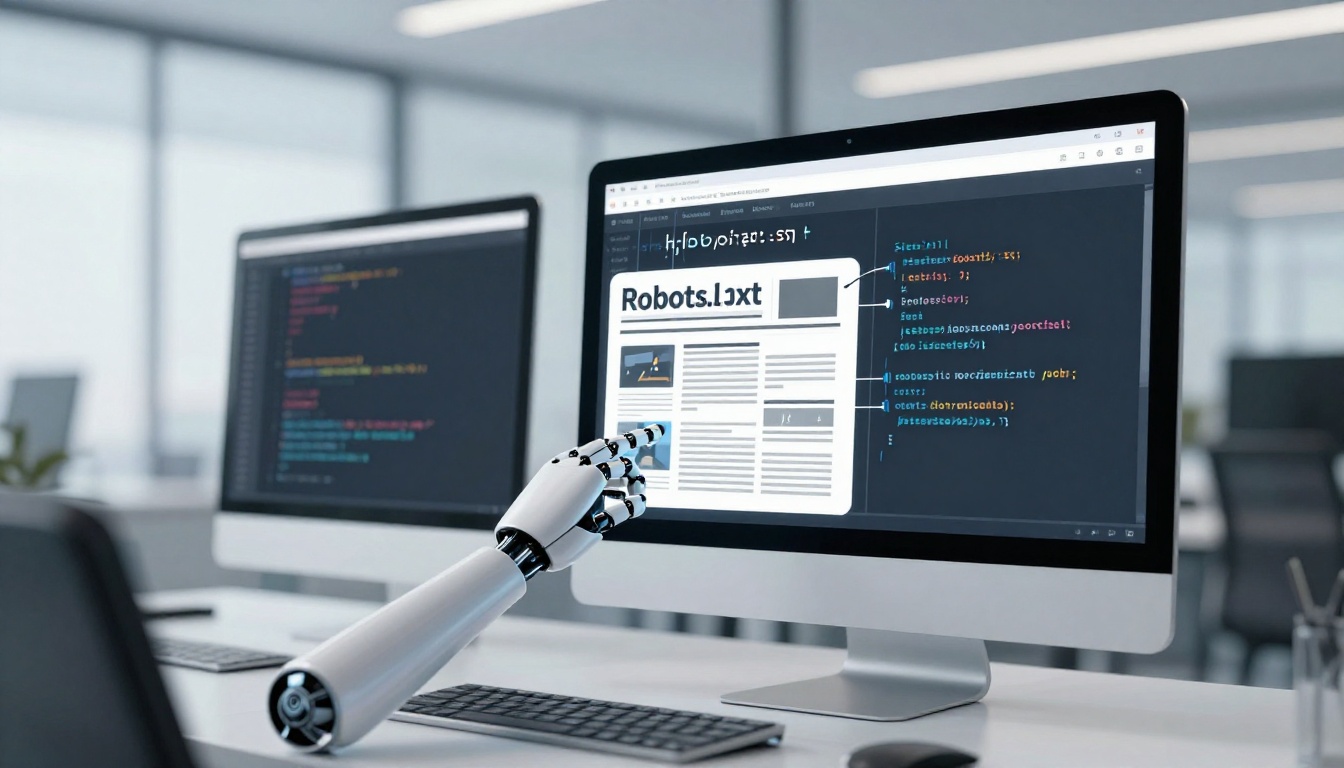 A robotic hand points at a computer screen displaying code and a document labeled "Robots.txt" in an office setting.