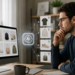 A man wearing glasses and a dark sweater sits at a desk, looking at a computer screen displaying images of clothing and accessories. Next to the screen, digital icons and question marks suggest AI is recommending outfit combinations. A mug and plant are visible on the desk.