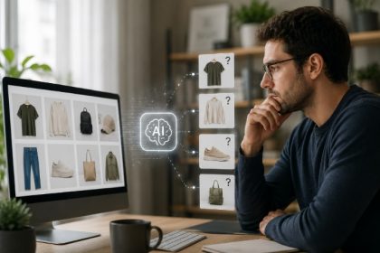 A man wearing glasses and a dark sweater sits at a desk, looking at a computer screen displaying images of clothing and accessories. Next to the screen, digital icons and question marks suggest AI is recommending outfit combinations. A mug and plant are visible on the desk.