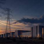 Abstract editorial illustration of a vast data centre campus at dusk, rows of glowing server halls and cooling towers under power lines, conveying the scale of AI compute infrastructure investment