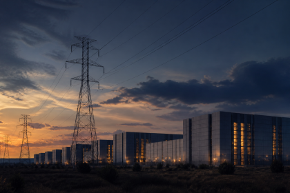 Abstract editorial illustration of a vast data centre campus at dusk, rows of glowing server halls and cooling towers under power lines, conveying the scale of AI compute infrastructure investment