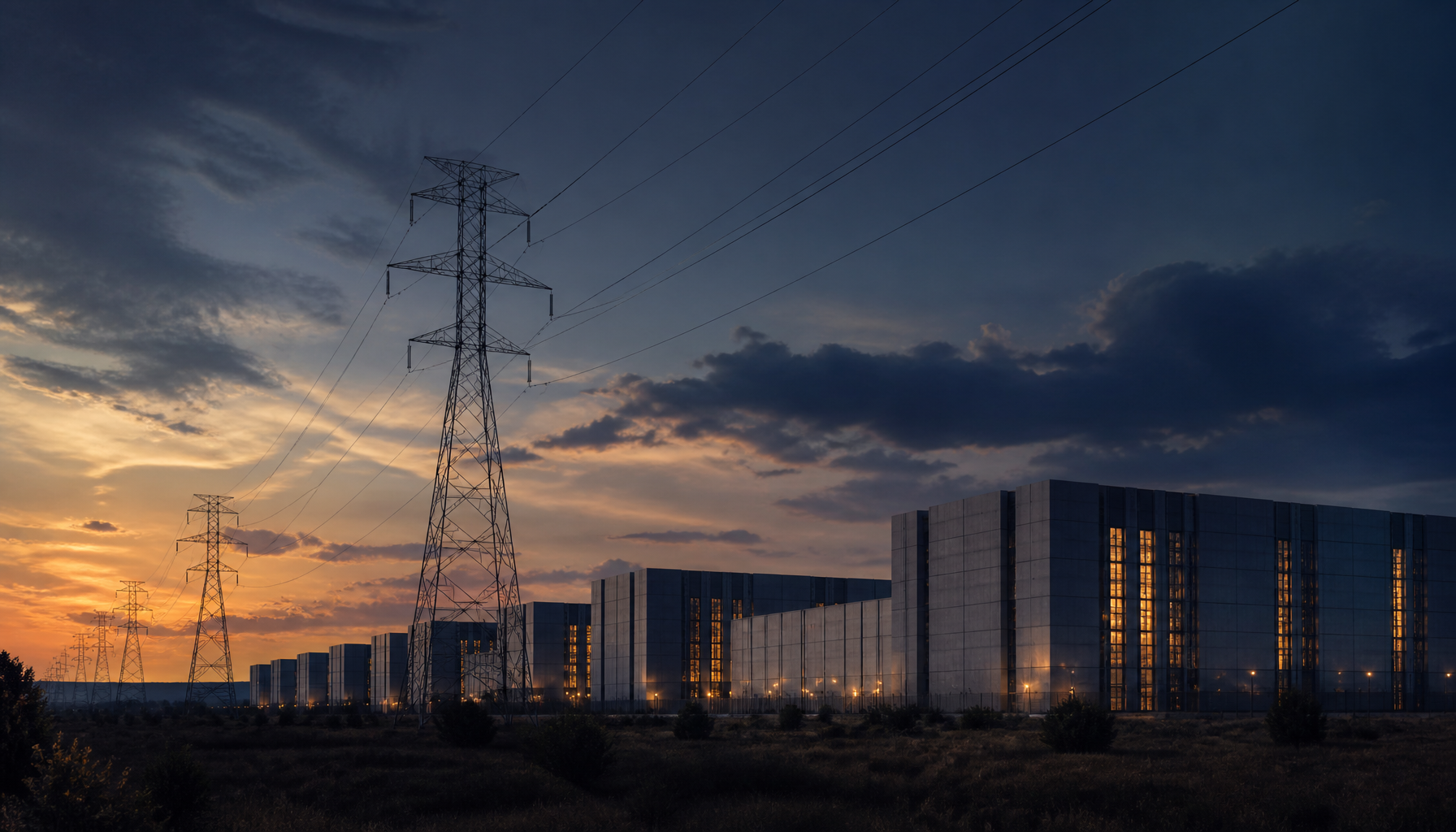 Abstract editorial illustration of a vast data centre campus at dusk, rows of glowing server halls and cooling towers under power lines, conveying the scale of AI compute infrastructure investment