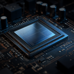 Dark editorial close-up of an unbranded AI accelerator chip on a circuit board, cool blue rim light catching the die and surrounding components