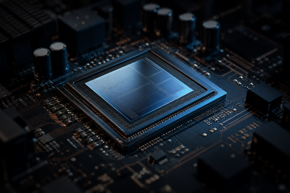 Dark editorial close-up of an unbranded AI accelerator chip on a circuit board, cool blue rim light catching the die and surrounding components