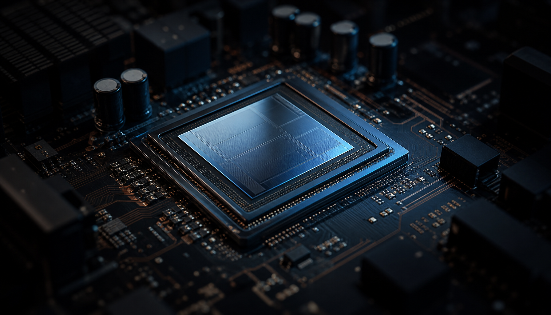 Dark editorial close-up of an unbranded AI accelerator chip on a circuit board, cool blue rim light catching the die and surrounding components