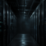 Dark editorial photograph of a dimly lit server room aisle with rows of racks and faint blue status lights receding into shadow