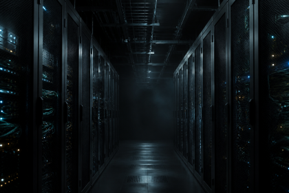 Dark editorial photograph of a dimly lit server room aisle with rows of racks and faint blue status lights receding into shadow