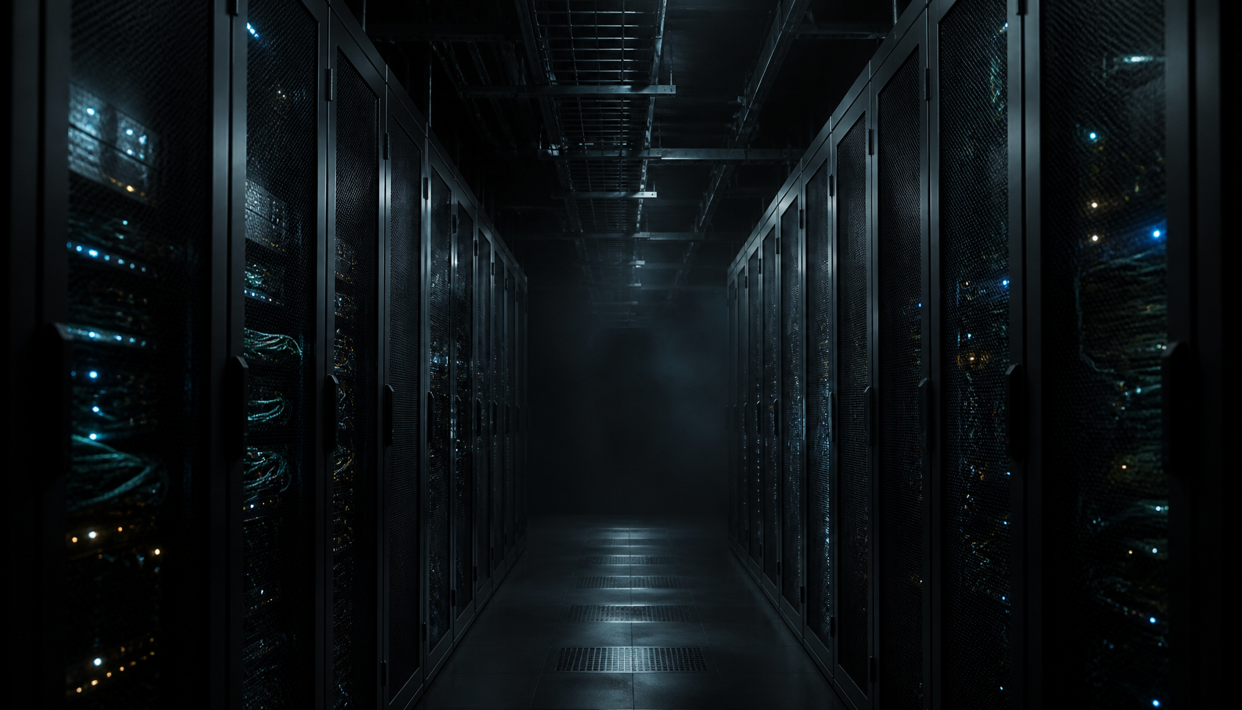Dark editorial photograph of a dimly lit server room aisle with rows of racks and faint blue status lights receding into shadow
