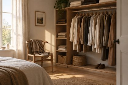 A calm bedroom corner with neatly organised clothes on a rail in soft morning light