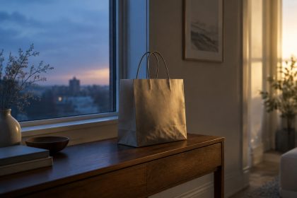 A single shopping bag left untouched overnight on a quiet console table in soft evening light