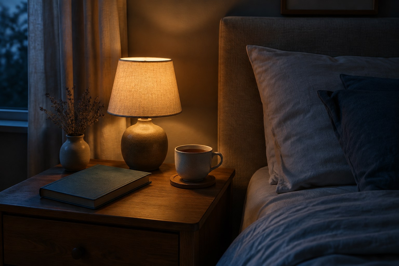 A softly lit bedside table at night with a lamp, a closed book, and a cup of tea