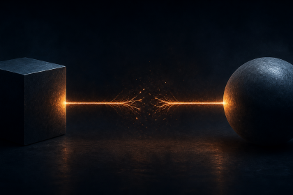 Abstract editorial illustration of a glowing network connection between two nodes being cut, symbolising a severed AI model access agreement