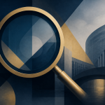 Abstract editorial illustration of a search interface intersecting with European regulatory architecture, symbolising EU oversight of AI search