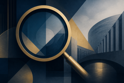 Abstract editorial illustration of a search interface intersecting with European regulatory architecture, symbolising EU oversight of AI search