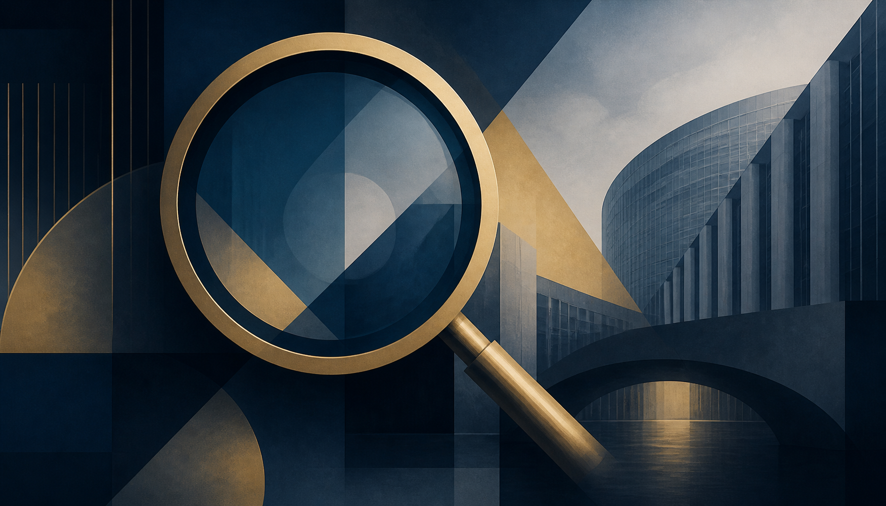 Abstract editorial illustration of a search interface intersecting with European regulatory architecture, symbolising EU oversight of AI search