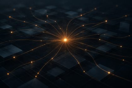 Abstract editorial illustration of a single glowing node branching into many connected threads across a dark grid, symbolising an autonomous AI agent acting across many connected applications