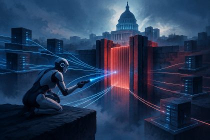 Abstract editorial illustration of an AI agent probing a government data portal's digital infrastructure