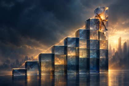 Abstract editorial illustration of an ascending staircase of translucent glass blocks with cracks near the top leaking light, symbolising rapid growth alongside hidden structural risk