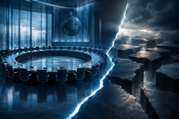 Abstract editorial illustration of an empty council chamber split by a fracturing line of light, symbolising international disagreement over AI governance