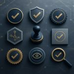 Abstract editorial illustration of geometric seal and checkmark emblems in navy, slate and gold, symbolising independent verification and auditing of AI systems