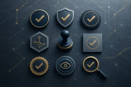 Abstract editorial illustration of geometric seal and checkmark emblems in navy, slate and gold, symbolising independent verification and auditing of AI systems