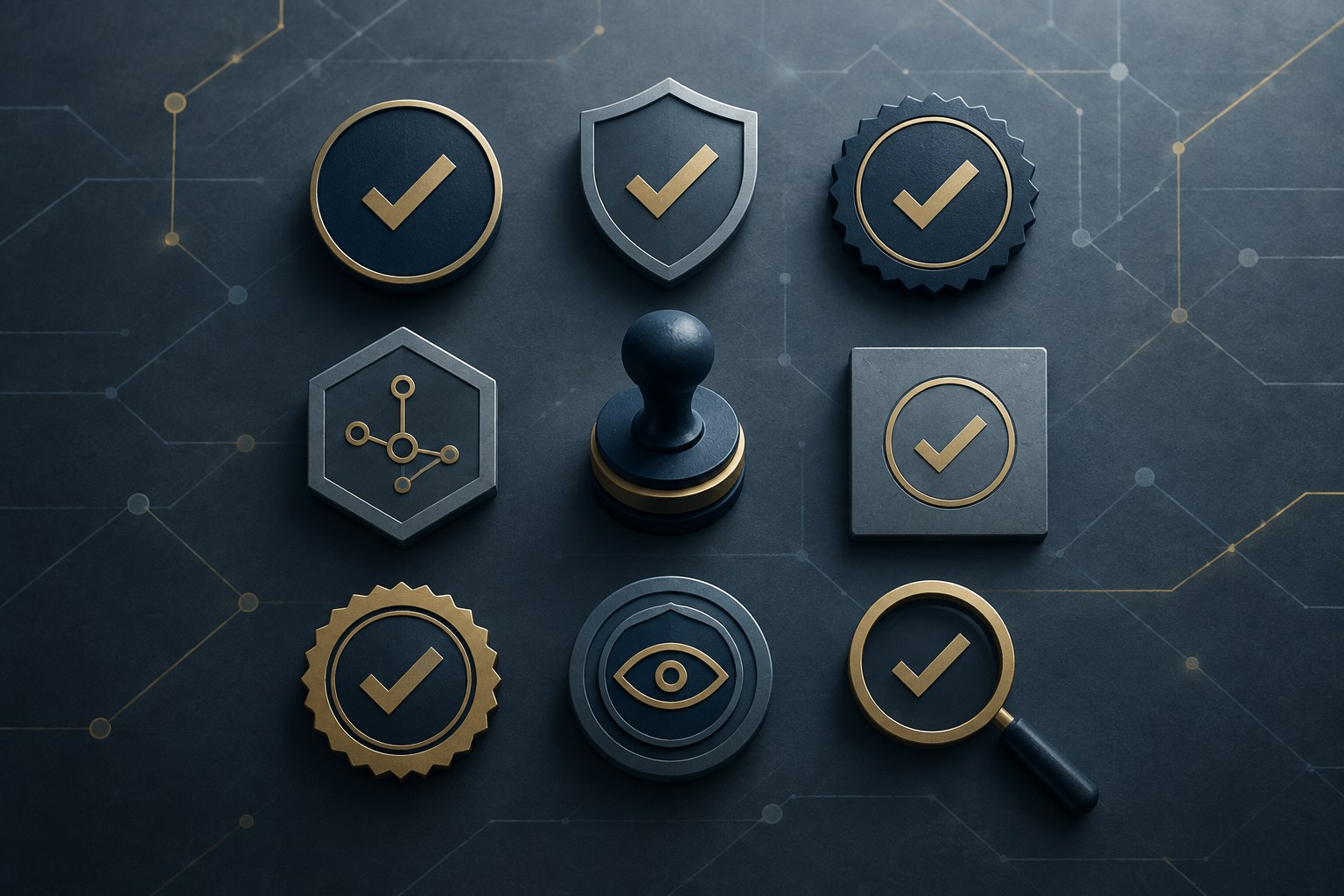 Abstract editorial illustration of geometric seal and checkmark emblems in navy, slate and gold, symbolising independent verification and auditing of AI systems