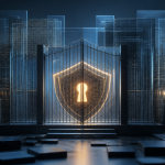 Abstract editorial illustration of interlocking digital lock and circuit patterns in a restrained blue and grey palette, symbolising gated access to powerful AI cybersecurity models