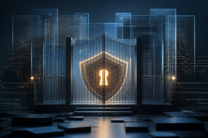 Abstract editorial illustration of interlocking digital lock and circuit patterns in a restrained blue and grey palette, symbolising gated access to powerful AI cybersecurity models