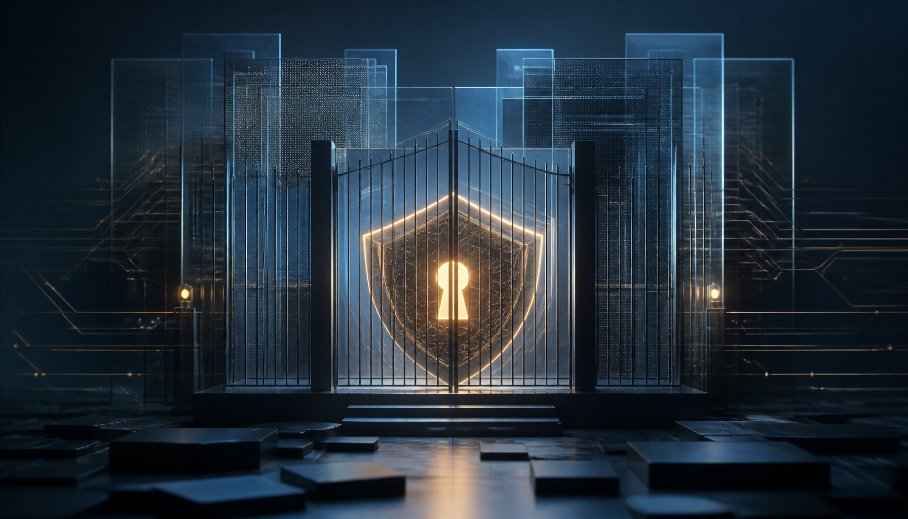 Abstract editorial illustration of interlocking digital lock and circuit patterns in a restrained blue and grey palette, symbolising gated access to powerful AI cybersecurity models