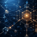 Abstract editorial illustration of interlocking geometric lattice structures and glowing network nodes, representing AI-assisted formal mathematical verification