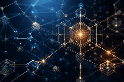 Abstract editorial illustration of interlocking geometric lattice structures and glowing network nodes, representing AI-assisted formal mathematical verification