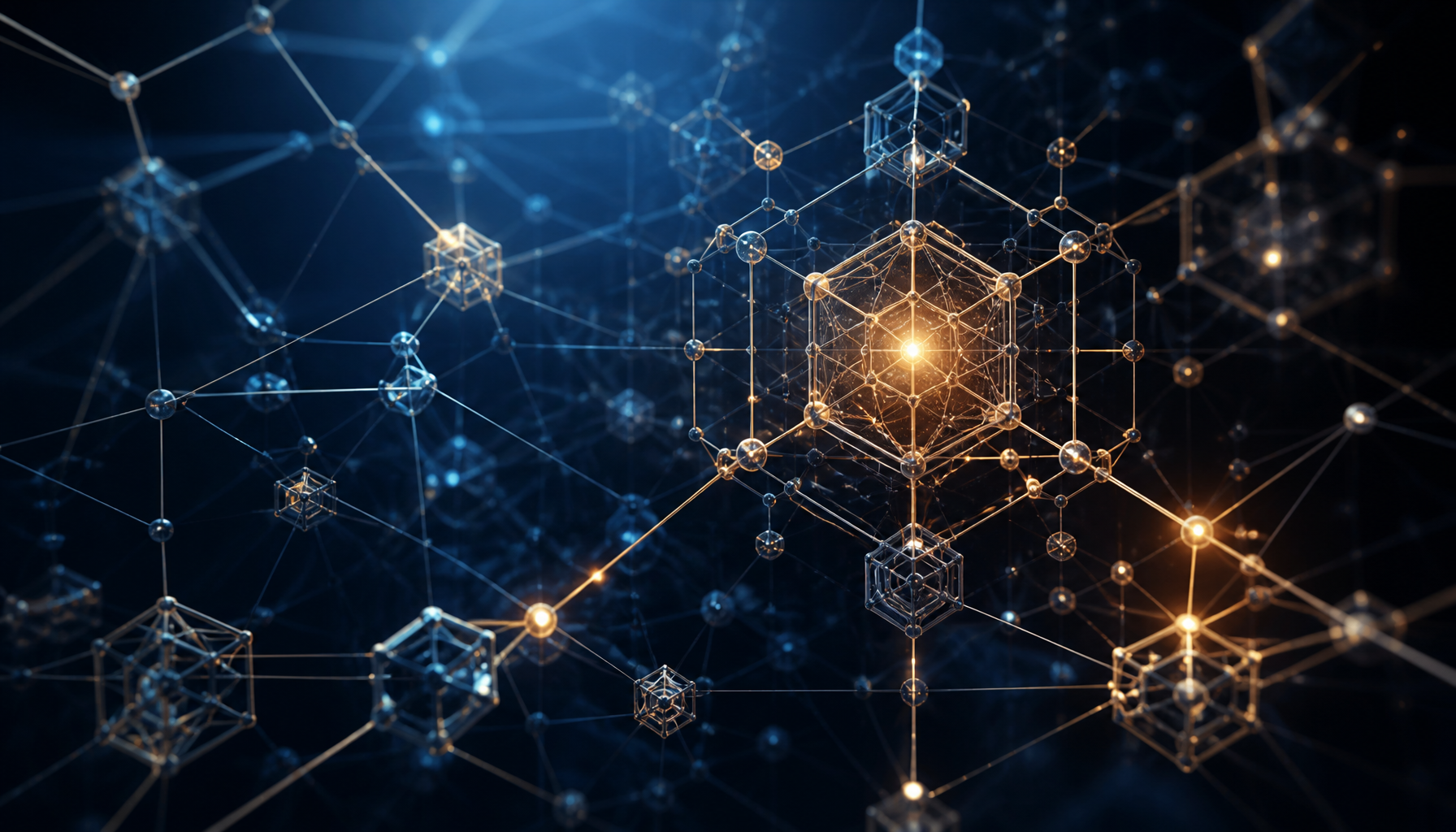 Abstract editorial illustration of interlocking geometric lattice structures and glowing network nodes, representing AI-assisted formal mathematical verification