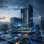 Abstract editorial illustration of interlocking glass and steel data-centre towers linked by glowing amber contract lines, symbolising the chain of leasing and financing behind AI compute deals