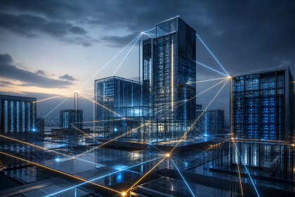 Abstract editorial illustration of interlocking glass and steel data-centre towers linked by glowing amber contract lines, symbolising the chain of leasing and financing behind AI compute deals