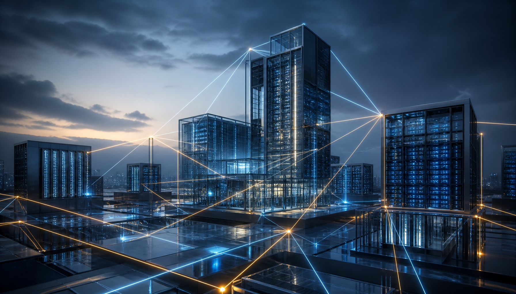 Abstract editorial illustration of interlocking glass and steel data-centre towers linked by glowing amber contract lines, symbolising the chain of leasing and financing behind AI compute deals