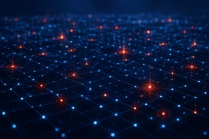 Abstract illustration of a glowing data grid with flagged nodes, symbolising the review of AI agent security incidents