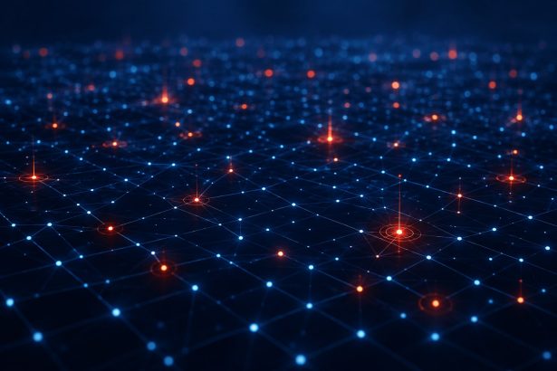 Abstract illustration of a glowing data grid with flagged nodes, symbolising the review of AI agent security incidents
