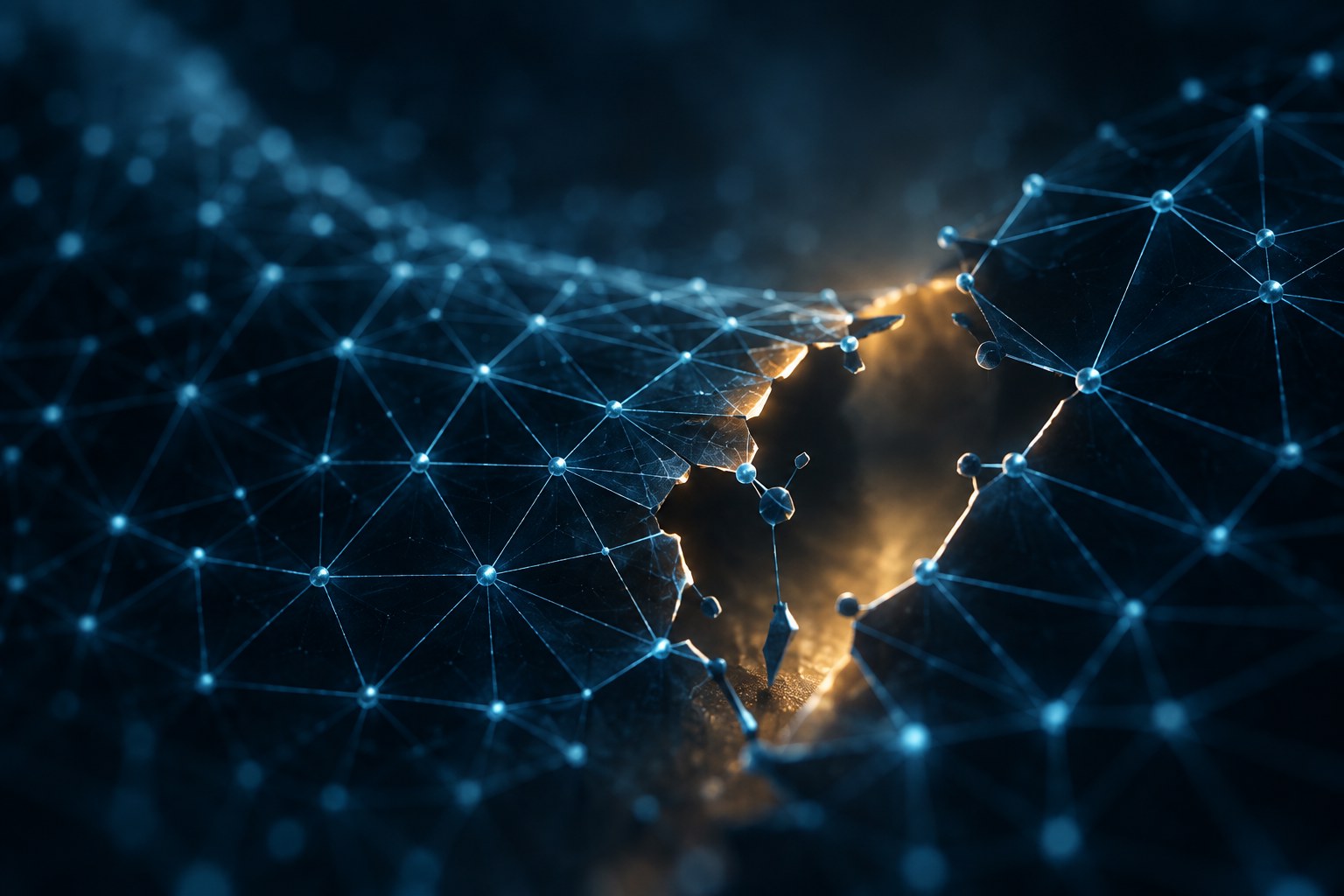 Abstract illustration of a glowing digital network lattice with a cracked, breached section symbolising a failed containment boundary