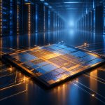 Abstract illustration of a glowing semiconductor chip and data centre infrastructure representing Alibaba's new AI accelerator