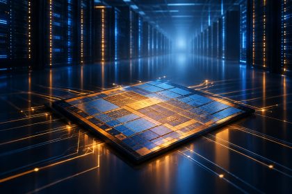 Abstract illustration of a glowing semiconductor chip and data centre infrastructure representing Alibaba's new AI accelerator
