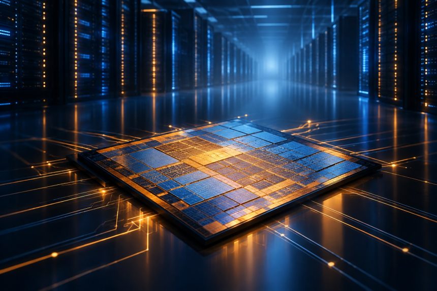 Abstract illustration of a glowing semiconductor chip and data centre infrastructure representing Alibaba's new AI accelerator